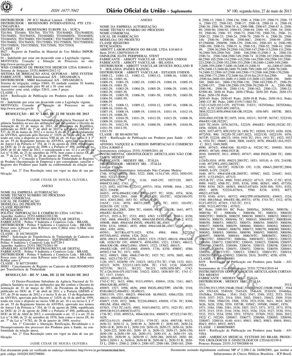 TD1755HDS; TD1755HDSX; TD1755HDX; TD1755HSX; TD1755HX; TD1755NX CLASSE : IV 8027 - Registro de Famílias de Material de Uso Médico IMPOR- 01 - Indeferido por estar em desacordo com a Legislação