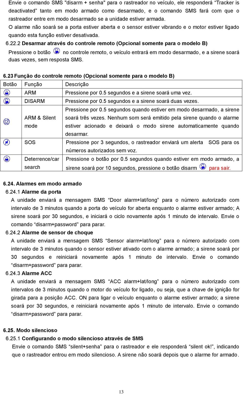 2 Desarmar através do controle remoto (Opcional somente para o modelo B) Pressione o botão no controle remoto, o veículo entrará em modo desarmado, e a sirene soará duas vezes, sem resposta SMS. 6.