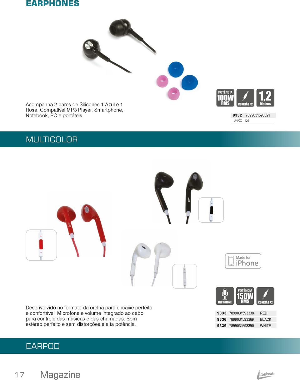 9332 7899031593321 UN/CX 120 MULTICOLOR Desenvolvido no formato da orelha para encaixe perfeito e confortável.