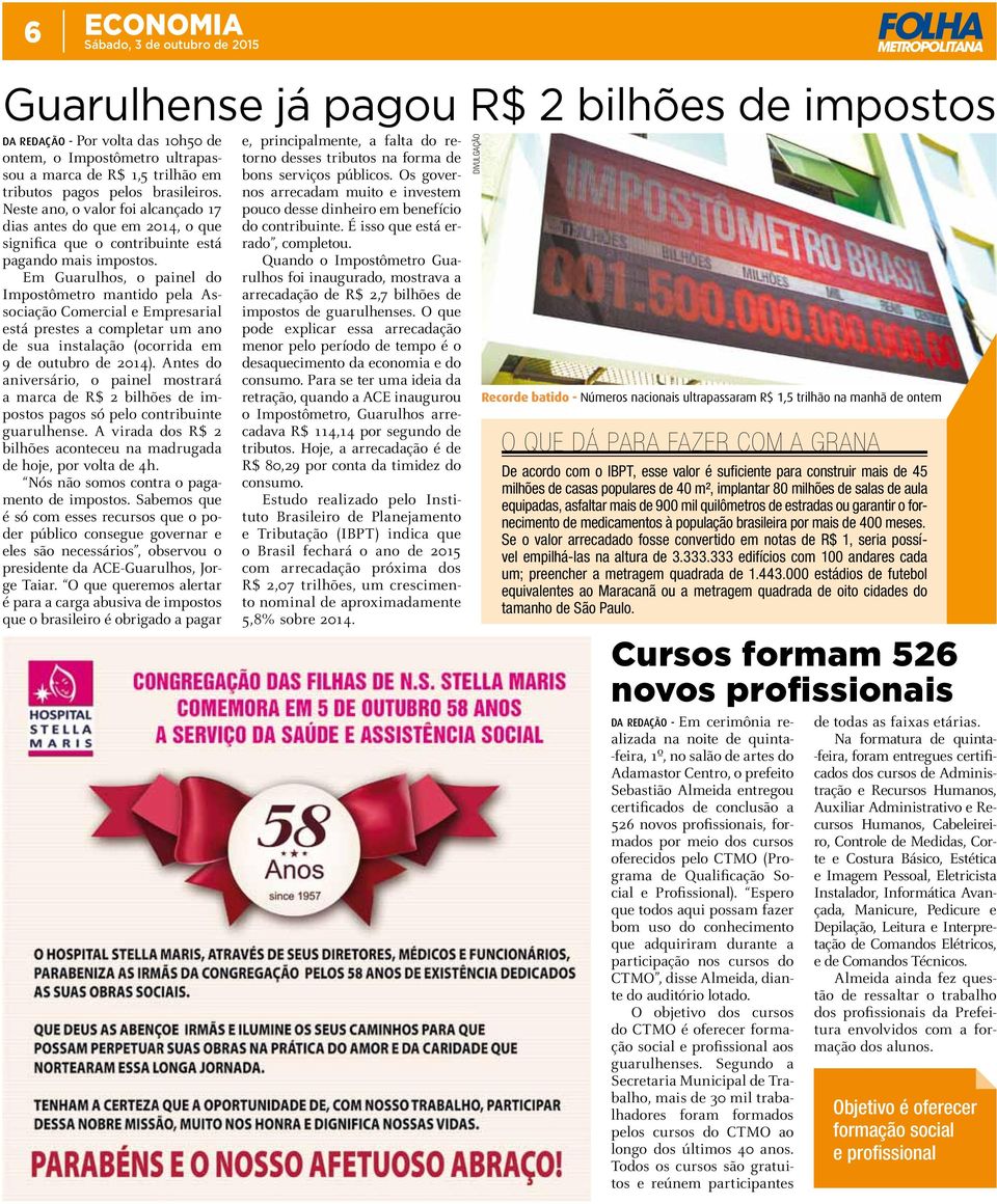 Em Guarulhos, o painel do Impostômetro mantido pela Associação Comercial e Empresarial está prestes a completar um ano de sua instalação (ocorrida em 9 de outubro de 2014).