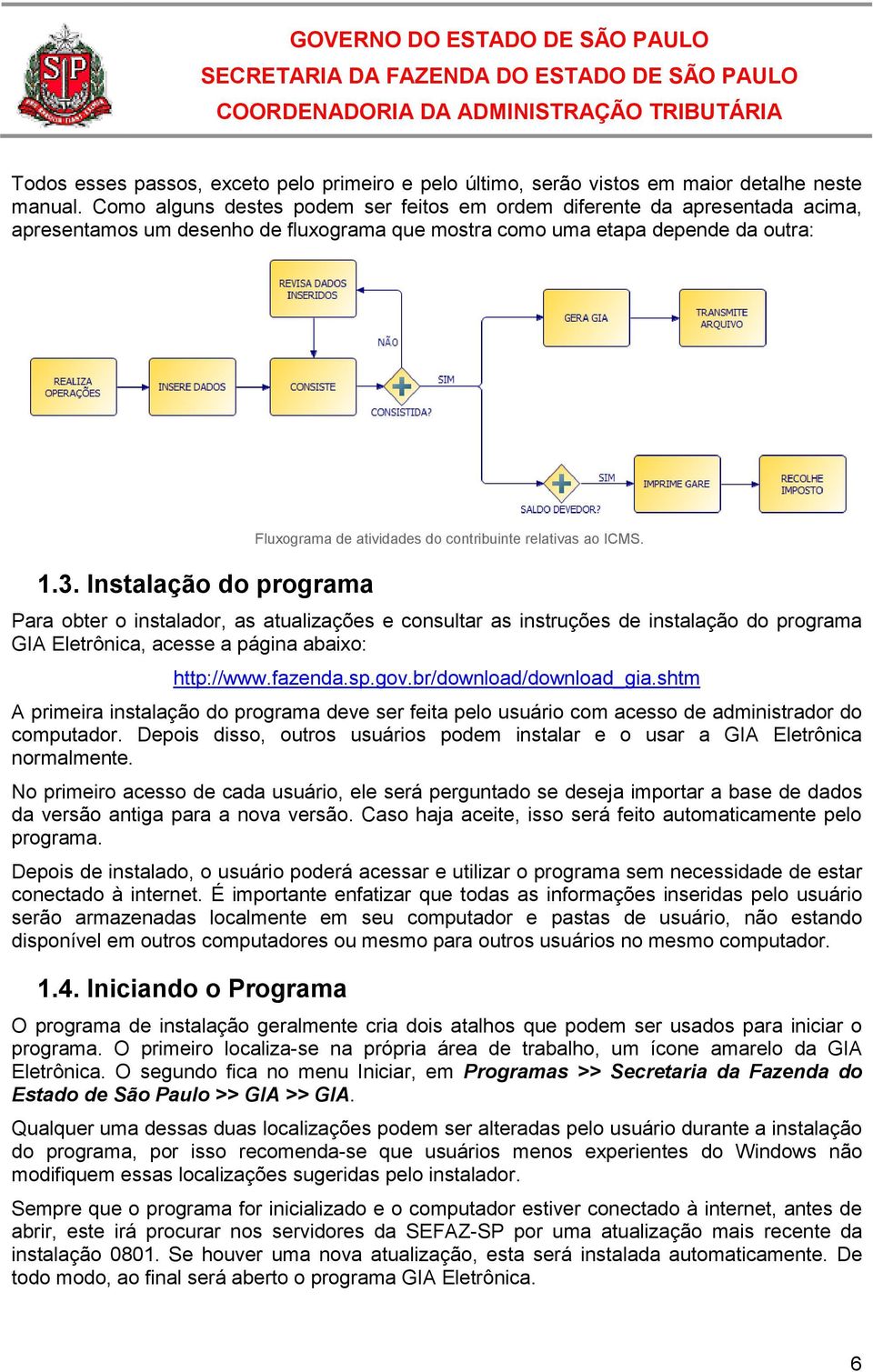 Instalação do programa Fluxograma de atividades do contribuinte relativas ao ICMS.