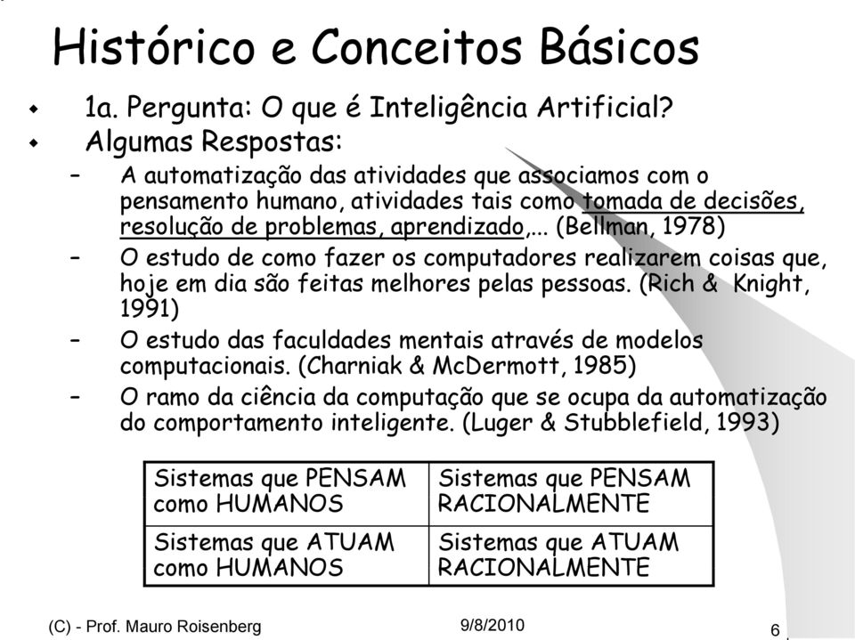 .. (Bellman, 1978) O estudo de como fazer os computadores realizarem coisas que, hoje em dia são feitas melhores pelas pessoas.