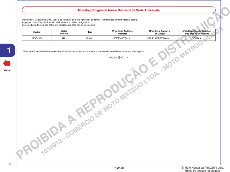 Se os códigos de área não estiverem listados, as peças são de uso comum.