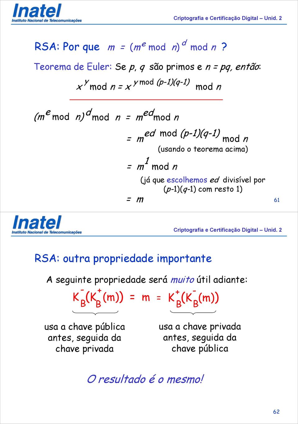 (p1)(q1) = m mod n 1 = m mod n = m (usando o teorema acima) (já que escolhemos ed divisível por (p1)(q1) com resto 1) 61 RSA: outra