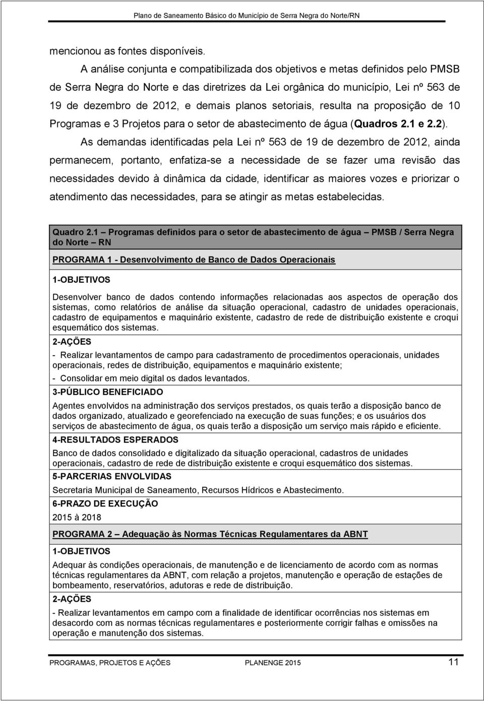 planos setoriais, resulta na proposição de 10 Programas e 3 Projetos para o setor de abastecimento de água (Quadros 2.1 e 2.2).