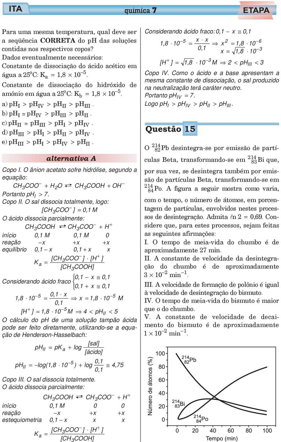 > phii > phiii b) phi ~ phiv > phiii > phii c) phii ~ phiii > phi > phiv d) phiii > phi > phii > phiv e) phiii > phi > phiv > phii alternativa A Copo I O ânion acetato sofre hidrólise, segundo a