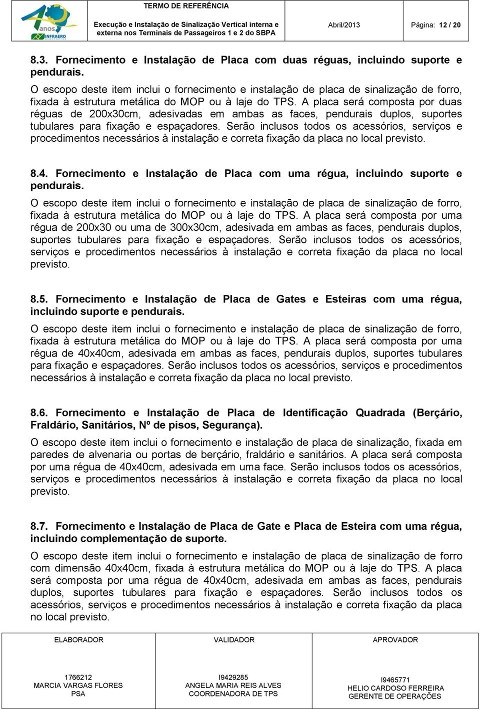 A placa será composta por duas réguas de 200x30cm, adesivadas em ambas as faces, pendurais duplos, suportes tubulares para fixação e espaçadores.