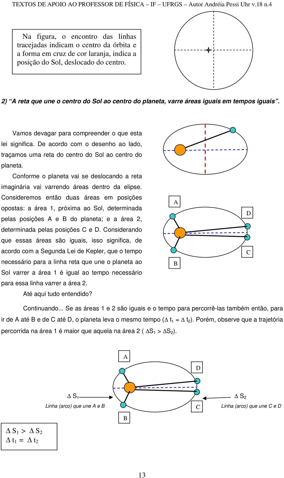 De acordo com o desenho ao lado, traçamos uma reta do centro do Sol ao centro do planeta. Conforme o planeta vai se deslocando a reta imaginária vai varrendo áreas dentro da elipse.