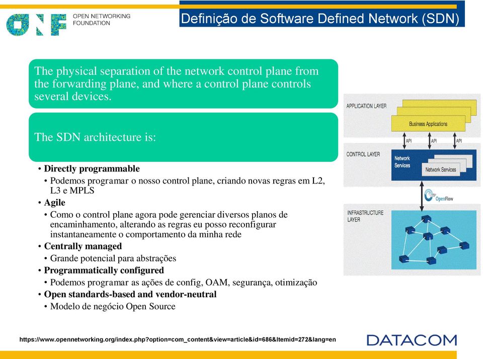 encaminhamento, alterando as regras eu posso reconfigurar instantaneamente o comportamento da minha rede Centrally managed Grande potencial para abstrações Programmatically configured Podemos