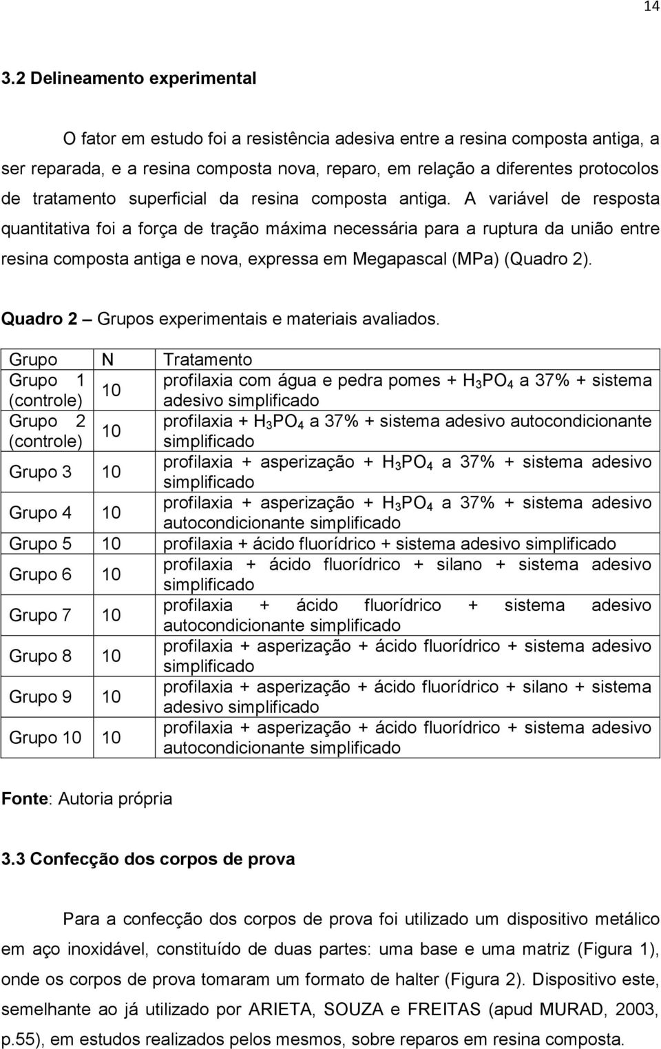 A variável de resposta quantitativa foi a força de tração máxima necessária para a ruptura da união entre resina composta antiga e nova, expressa em Megapascal (MPa) (Quadro 2).