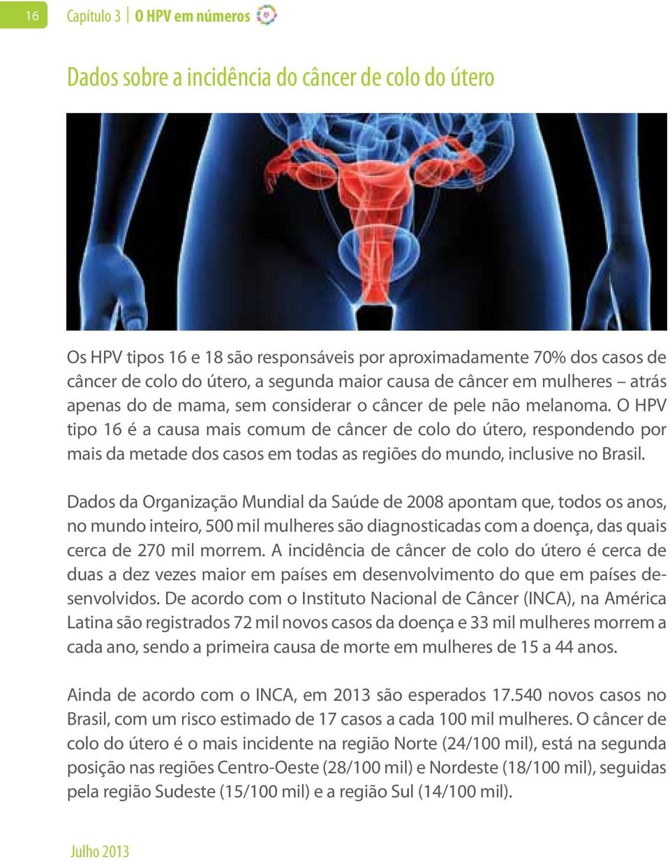 O HPV tipo 16 é a causa mais comum de câncer de colo do útero, respondendo por mais da metade dos casos em todas as regiões do mundo, inclusive no Brasil.