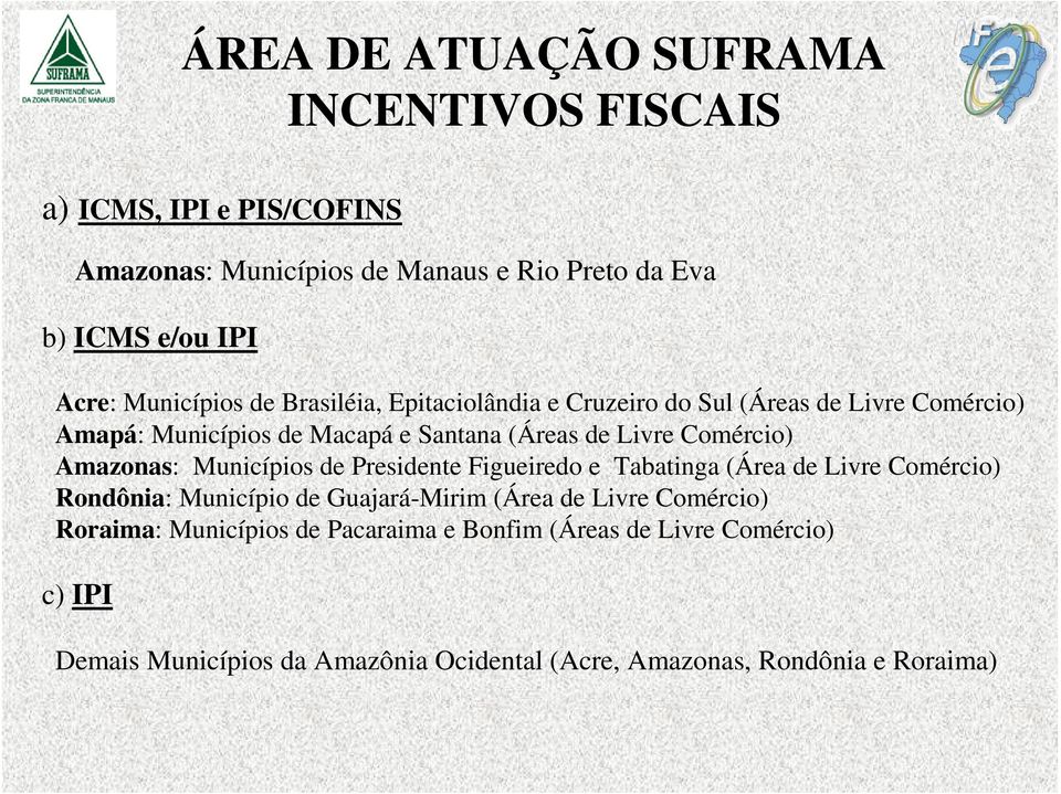 Comércio) Amazonas: Municípios de Presidente Figueiredo e Tabatinga (Área de Livre Comércio) Rondônia: Município de Guajará-Mirim (Área de Livre