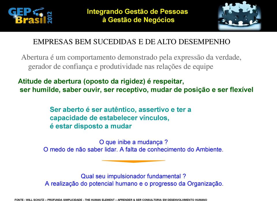 capacidade de estabelecer vínculos, é estar disposto a mudar O que inibe a mudança? O medo de não saber lidar. A falta de conhecimento do Ambiente.