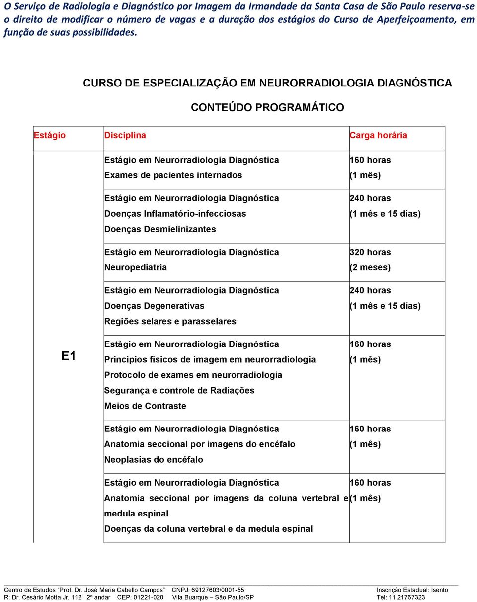 CURSO DE ESPECIALIZAÇÃO EM NEURORRADIOLOGIA DIAGNÓSTICA CONTEÚDO PROGRAMÁTICO Estágio Disciplina Carga horária E1 Exames de pacientes internados Doenças Inflamatório-infecciosas Doenças