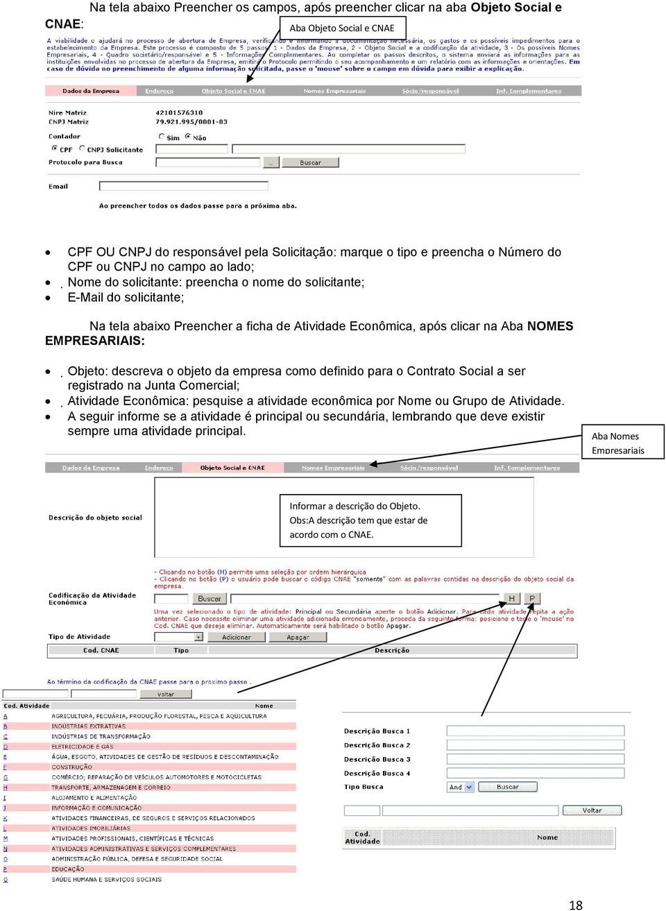 Objeto: descreva o objeto da empresa como definido para o Contrato Social a ser registrado na Junta Comercial; Atividade Econômica: pesquise a atividade econômica por Nome ou Grupo de Atividade.