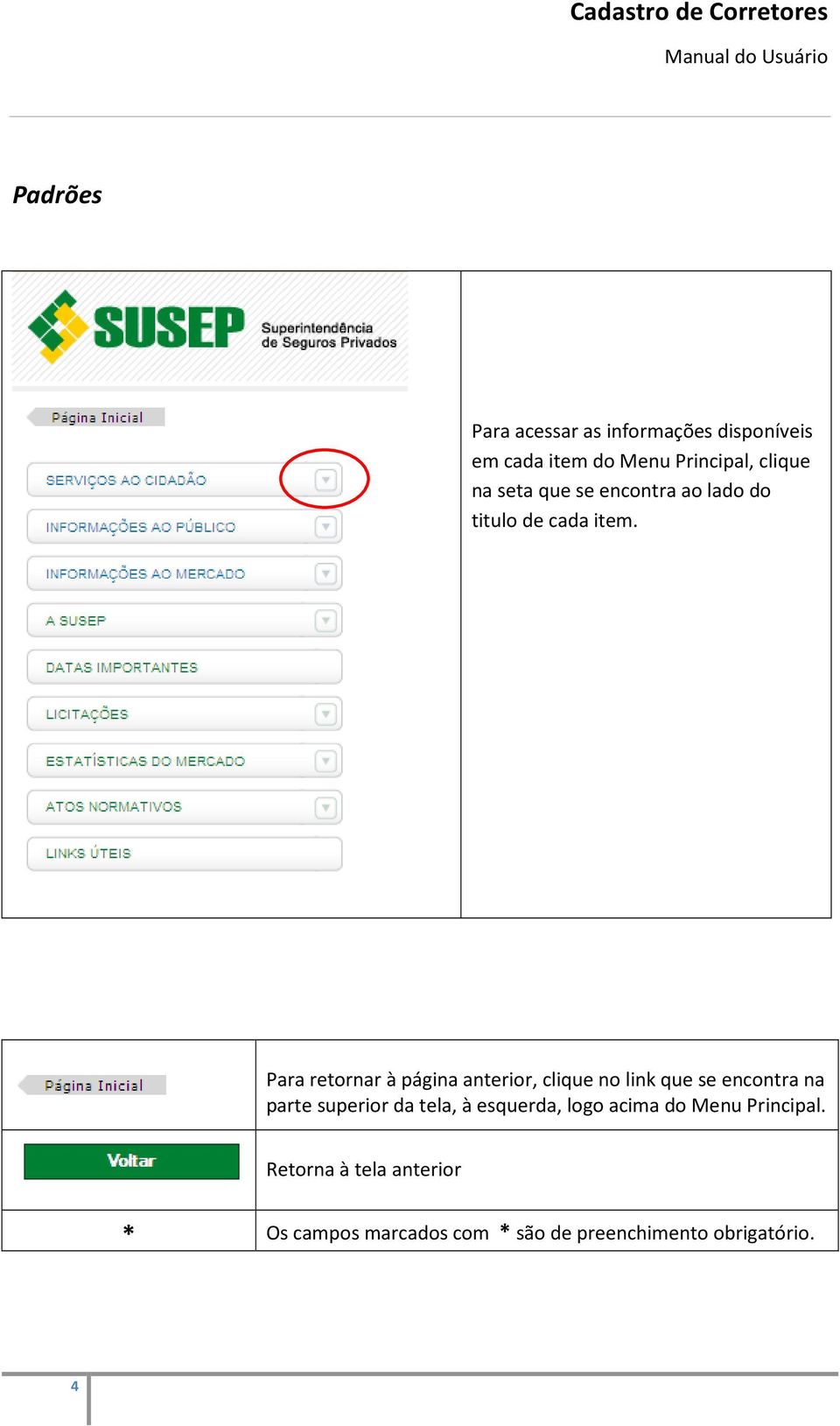 Para retornar à página anterior, clique no link que se encontra na parte superior da tela,