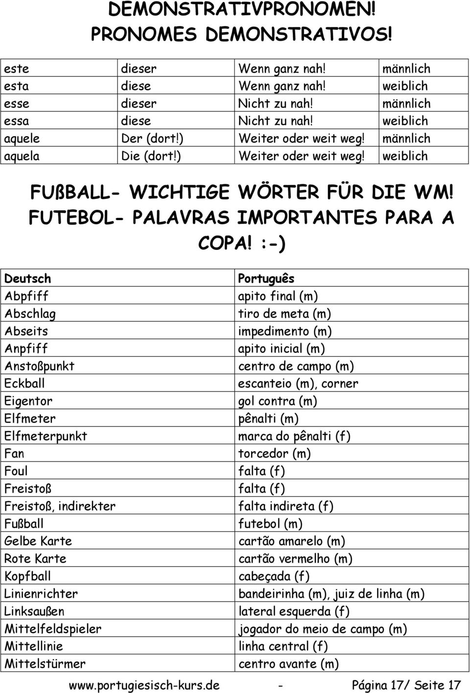 :-) Deutsch Abpfiff Abschlag Abseits Anpfiff Anstoßpunkt Eckball Eigentor Elfmeter Elfmeterpunkt Fan Foul Freistoß Freistoß, indirekter Fußball Gelbe Karte Rote Karte Kopfball Linienrichter