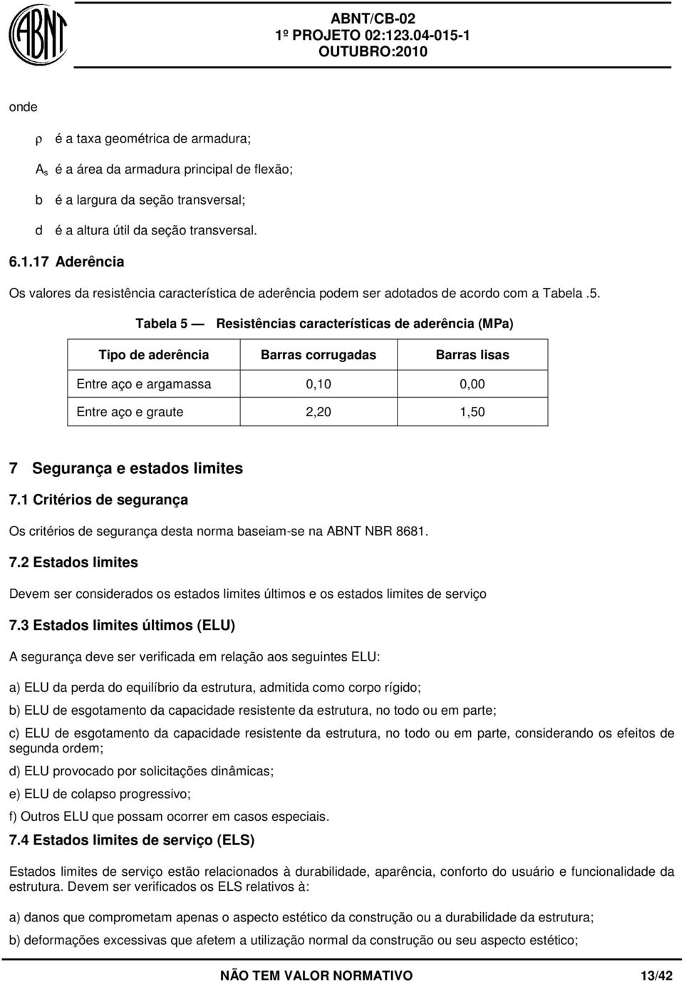 Tabela 5 Resistências características de aderência (MPa) Tipo de aderência Barras corrugadas Barras lisas Entre aço e argamassa 0,10 0,00 Entre aço e graute 2,20 1,50 7 Segurança e estados limites 7.