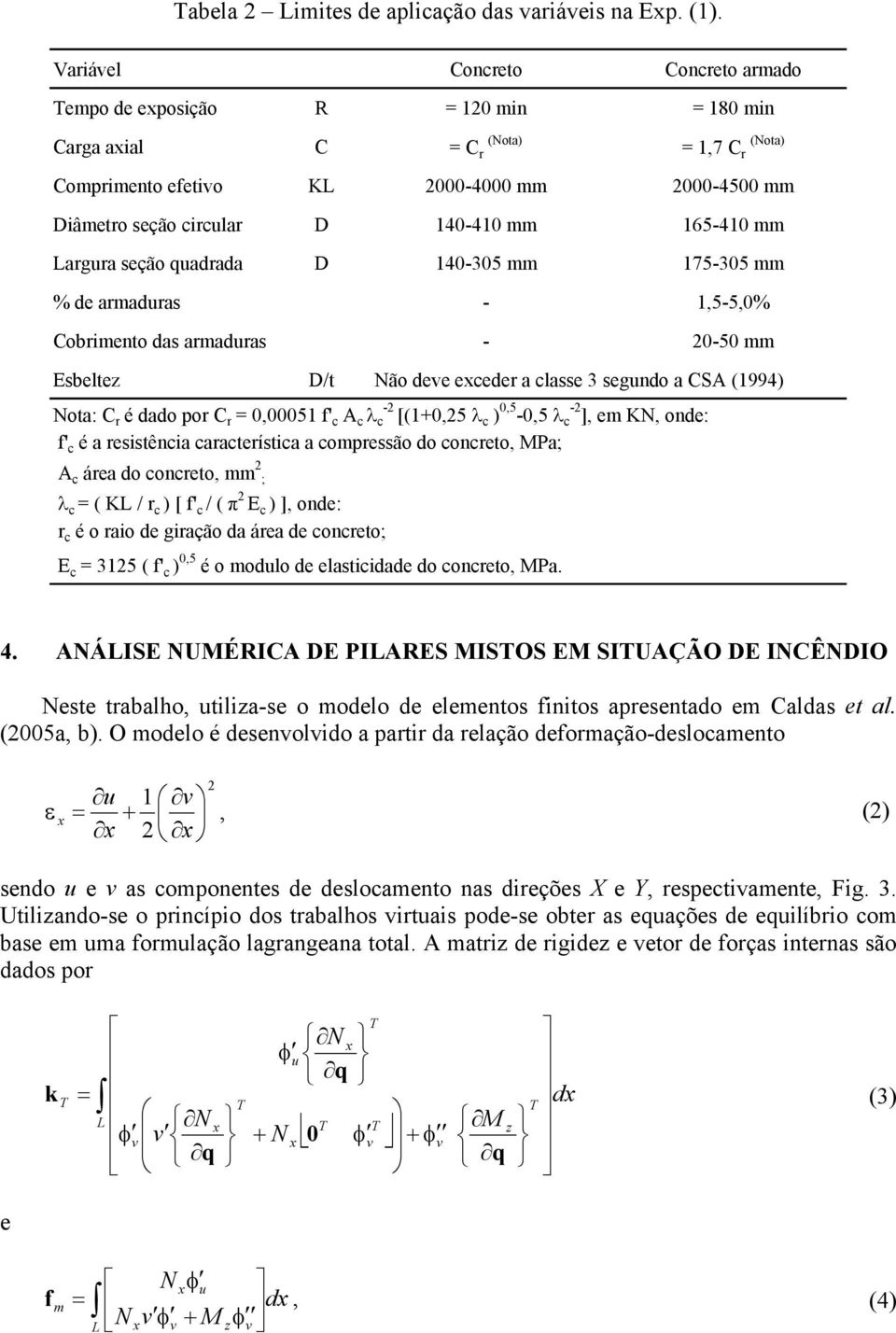 165-410 mm Largura seção quadrada D 140-305 mm 175-305 mm % de armaduras - 1,5-5,0% Cobrimento das armaduras - 0-50 mm Esbeltez D/t Não deve eceder a classe 3 segundo a CSA (1994) - Nota: C r é dado