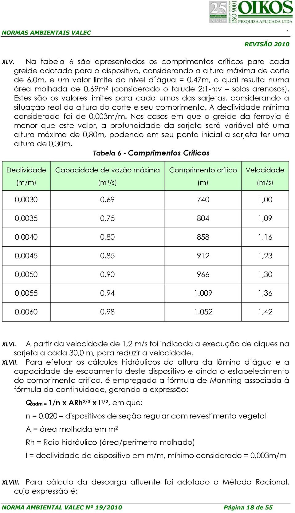 Estes são os valores limites para cada umas das sarjetas, considerando a situação real da altura do corte e seu comprimento. A declividade mínima considerada foi de 0,003m/m.