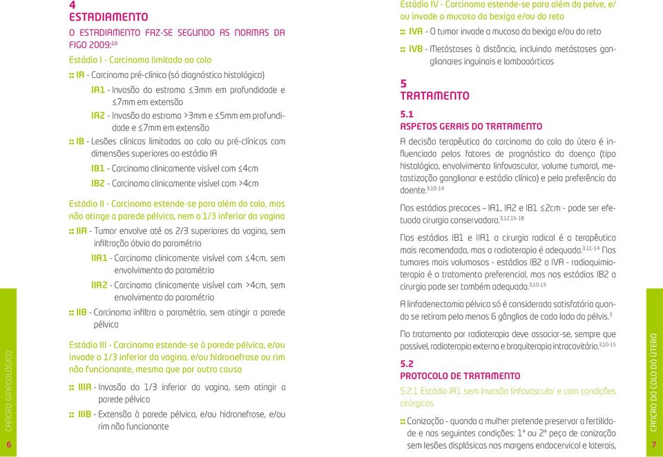 IA IB1 - Carcinoma clinicamente visível com 4cm IB2 - Carcinoma clinicamente visível com >4cm Estádio IV - Carcinoma estende-se para além da pelve, e/ ou invade a mucosa da bexiga e/ou do reto :: IVA