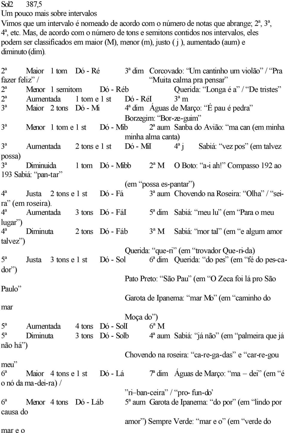 2ª Maior 1 tom Dó - Ré 3ª dim Corcovado: Um cantinho um violão / Pra fazer feliz / Muita calma pra pensar 2ª Menor 1 semitom Dó - Réb Querida: Longa é a / De tristes 2ª Aumentada 1 tom e 1 st Dó -