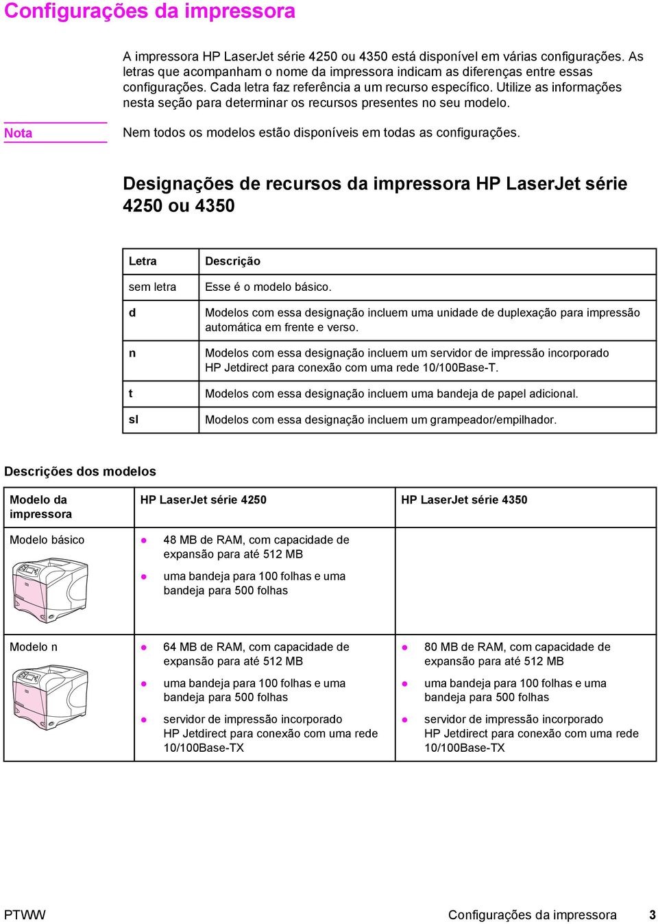 Utilize as informações nesta seção para determinar os recursos presentes no seu modelo. Nota Nem todos os modelos estão disponíveis em todas as configurações.