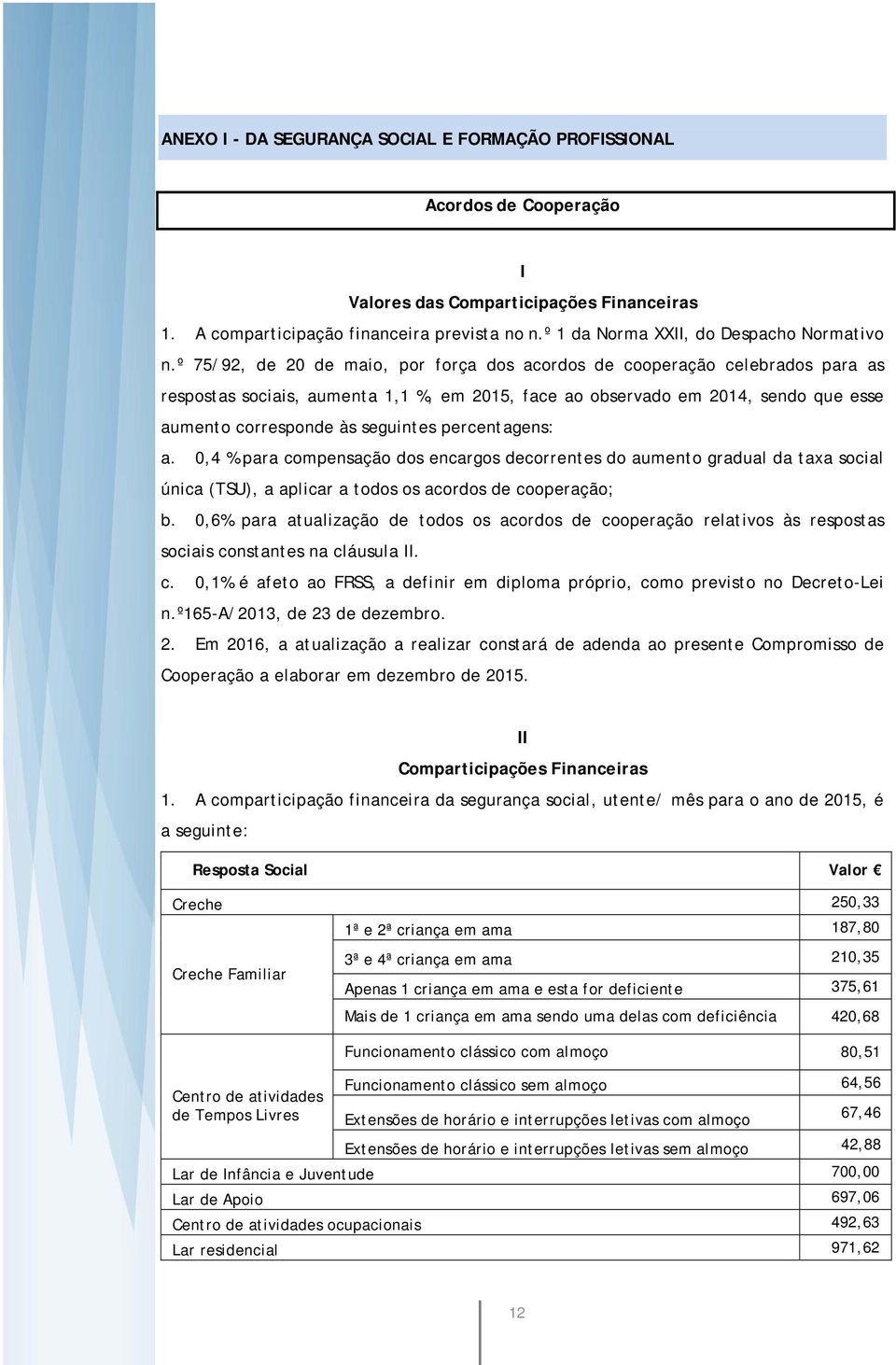 º 75/92, de 20 de maio, por força dos acordos de cooperação celebrados para as respostas sociais, aumenta 1,1 %, em 2015, face ao observado em 2014, sendo que esse aumento corresponde às seguintes