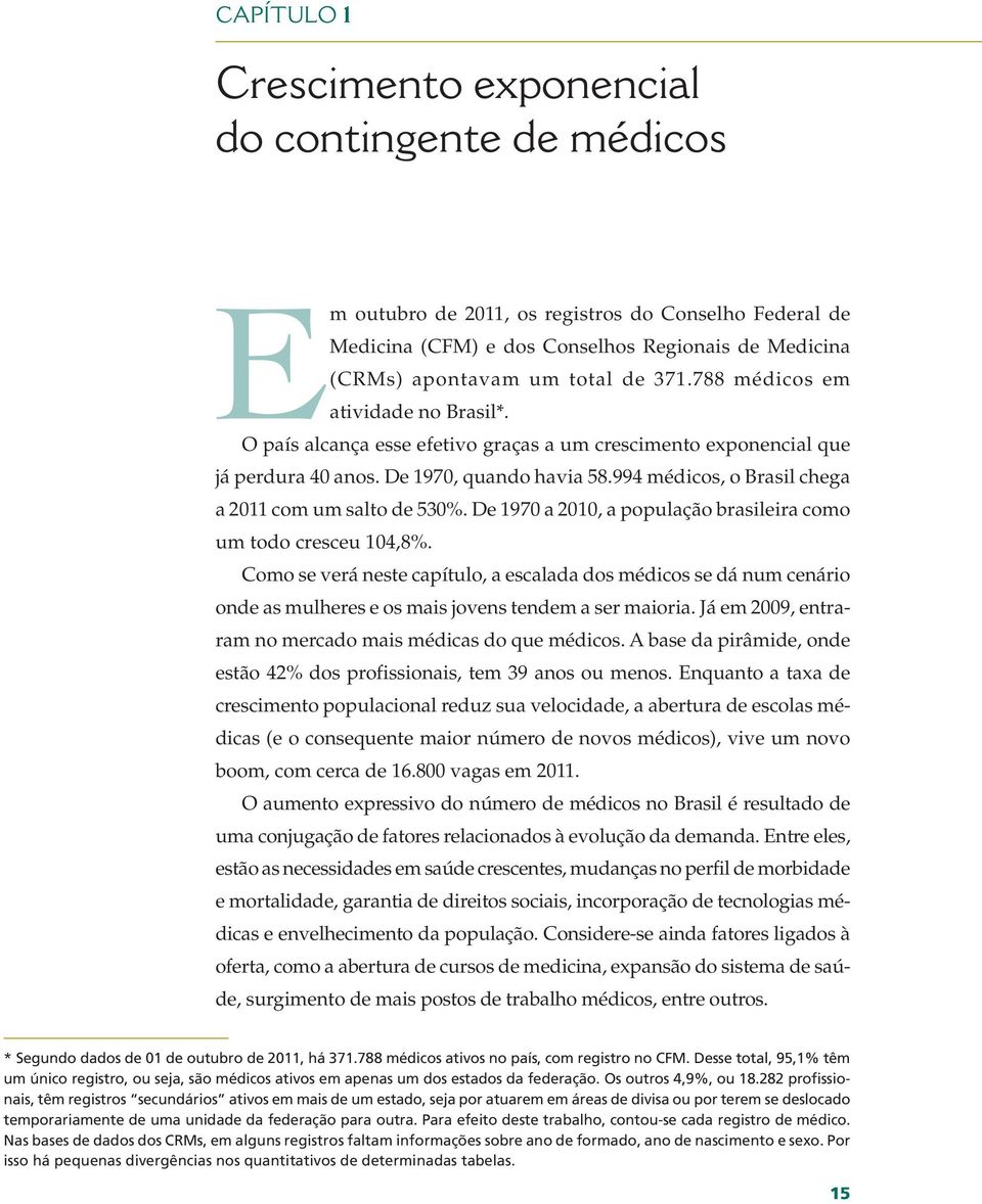 994 médicos, o Brasil chega a 2011 com um salto de 530%. De 1970 a 2010, a população brasileira como um todo cresceu 104,8%.