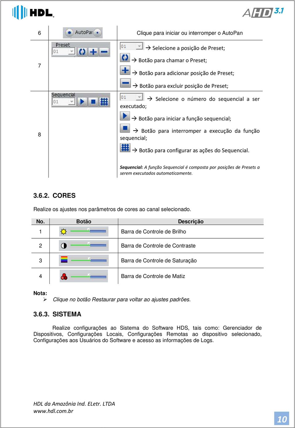 Sequencial: A função Sequencial é composta por posições de Presets a serem executados automaticamente. 3.6.2. CORES Realize os ajustes nos parâmetros de cores ao canal selecionado. No.