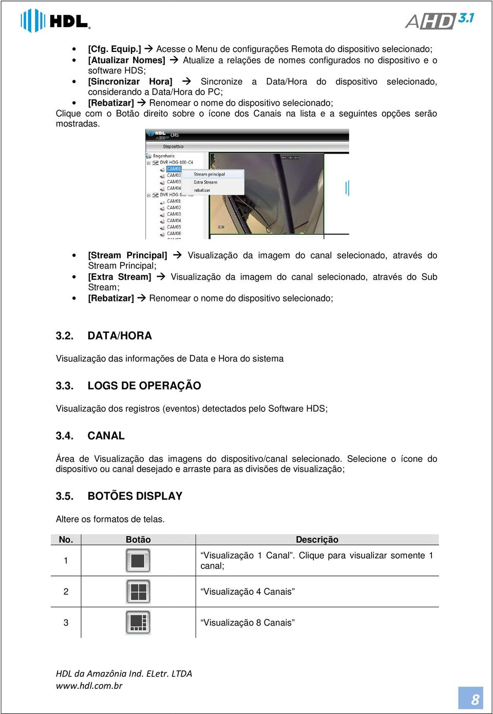 Data/Hora do dispositivo selecionado, considerando a Data/Hora do PC; [Rebatizar] Renomear o nome do dispositivo selecionado; Clique com o Botão direito sobre o ícone dos Canais na lista e a