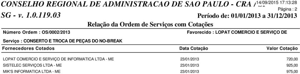 LOPAT COMERCIO E SERVIÇO DE INFORMATICA LTDA - ME 23/01/2013 720,00 SISTELEC