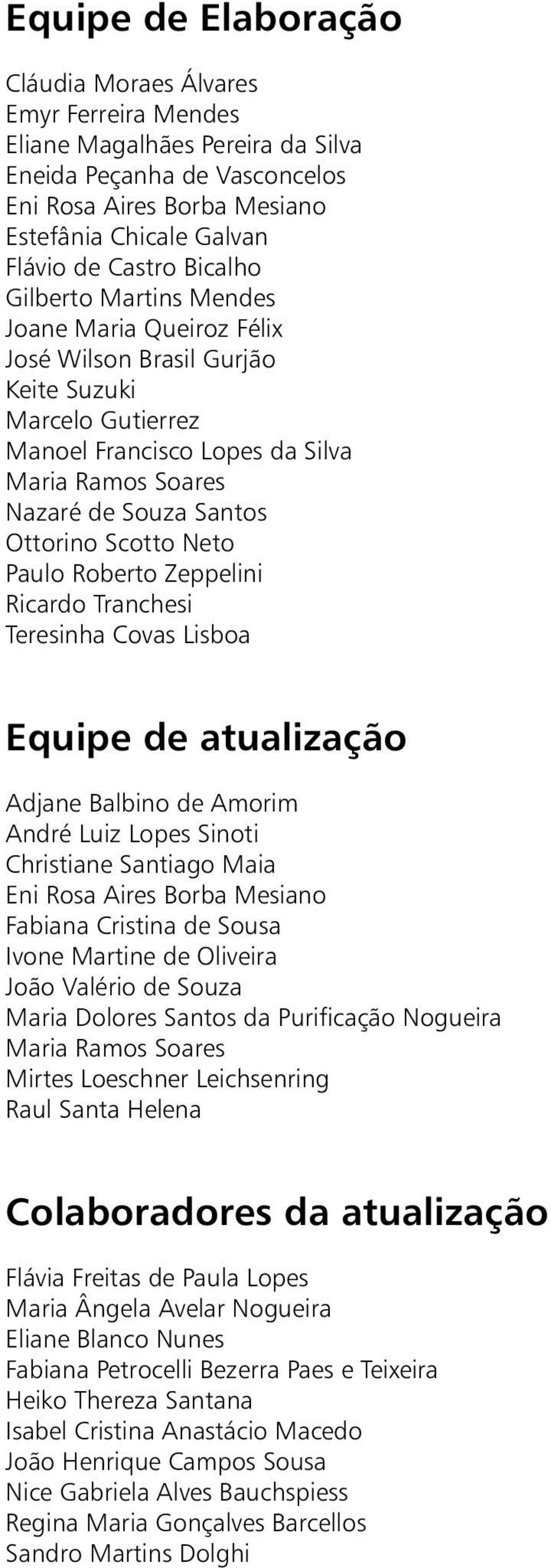 Scotto Neto Paulo Roberto Zeppelini Ricardo Tranchesi Teresinha Covas Lisboa Equipe de atualização Adjane Balbino de Amorim André Luiz Lopes Sinoti Christiane Santiago Maia Eni Rosa Aires Borba