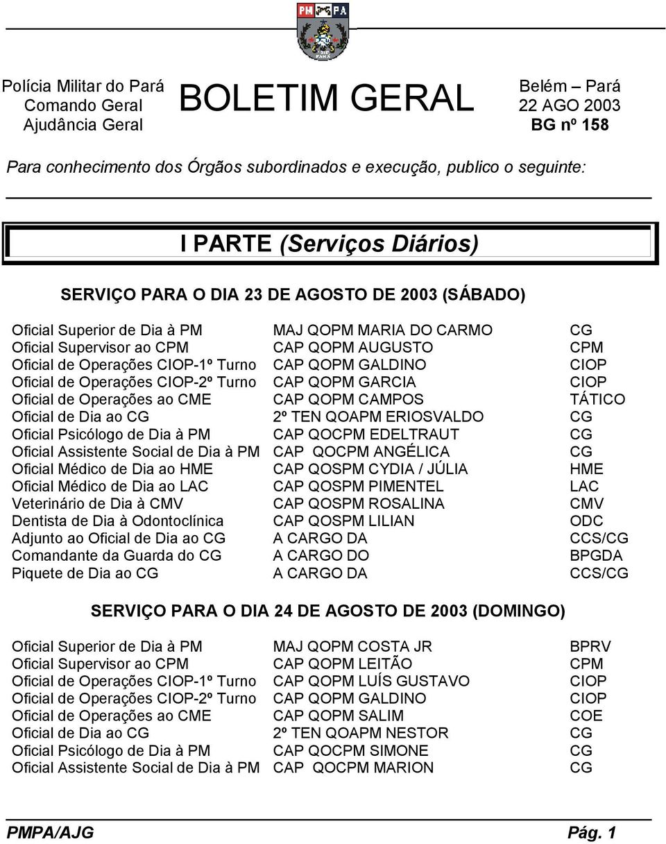 QOPM GALDINO CIOP Oficial de Operações CIOP-2º Turno CAP QOPM GARCIA CIOP Oficial de Operações ao CME CAP QOPM CAMPOS TÁTICO Oficial de Dia ao CG 2º TEN QOAPM ERIOSVALDO CG Oficial Psicólogo de Dia à