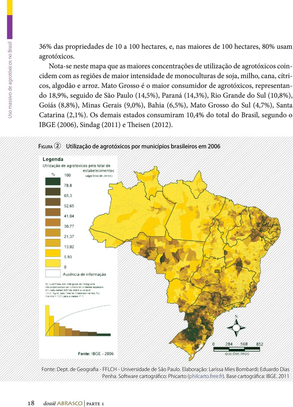 Mato Grosso é o maior consumidor de agrotóxicos, representando 18,9%, seguido de São Paulo (14,5%), Paraná (14,3%), Rio Grande do Sul (10,8%), Goiás (8,8%), Minas Gerais (9,0%), Bahia (6,5%), Mato