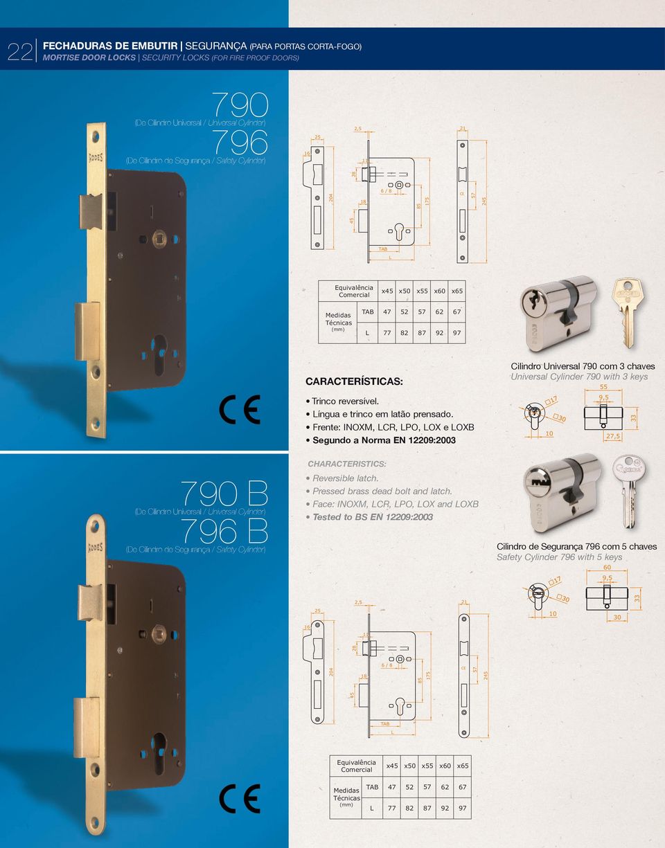 íngua e trinco em latão prensado. Frente: INOXM, CR, PO, OX e OXB Segundo a Norma EN 19:03 7,5 790 B 796 B (De Cilindro Universal / Universal Cylinder) Reversible latch.