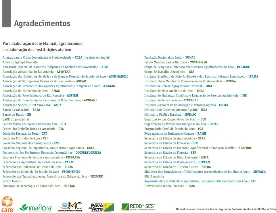 ASIMMANEJO Associação de Seringueiros Kaxinawá do Rio Jordão - ASKARJ Associação do Movimento dos Agentes Agroflorestais Indígenas do Acre - AMAIAC.