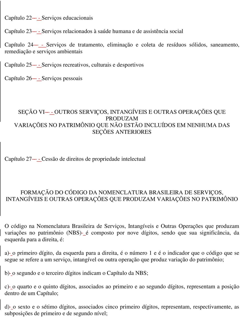 OPERAÇÕES QUE PRODUZAM VARIAÇÕES NO PATRIMÔNIO QUE NÃO ESTÃO INCLUÍDOS EM NENHUMA DAS SEÇÕES ANTERIORES Capítulo 27 - - Cessão de direitos de propriedade intelectual FORMAÇÃO DO CÓDIGO DA