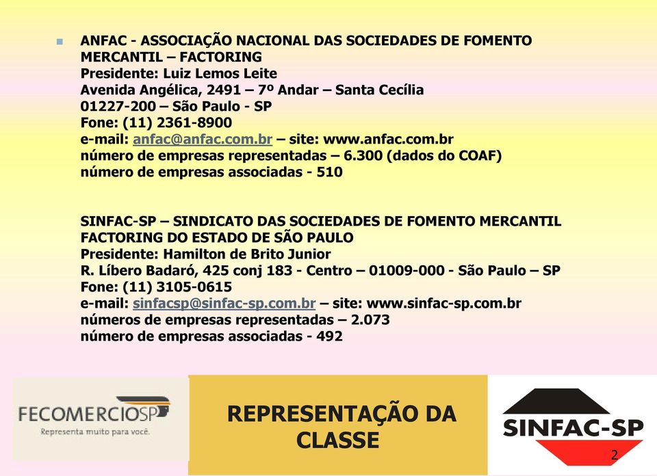 300 (dados do COAF) número de empresas associadas - 510 SINFAC-SP SINDICATO DAS SOCIEDADES DE FOMENTO MERCANTIL FACTORING DO ESTADO DE SÃO PAULO Presidente: Hamilton de Brito