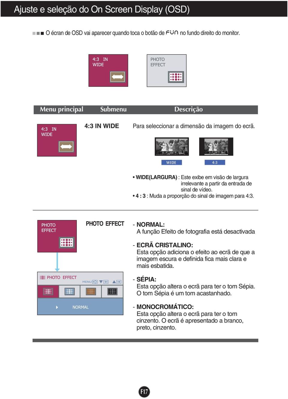 WIDE 4:3 WIDE(LARGURA) : Este exibe em visão de largura irrelevante a partir da entrada de sinal de vídeo. 4 : 3 : Muda a proporção do sinal de imagem para 4:3.