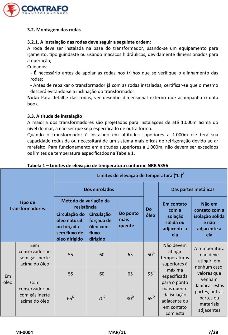 devidamente dimensionados para a operação; Cuidados: É necessário antes de apoiar as rodas nos trilhos que se verifique o alinhamento das rodas; Antes de rebaixar o transformador já com as rodas