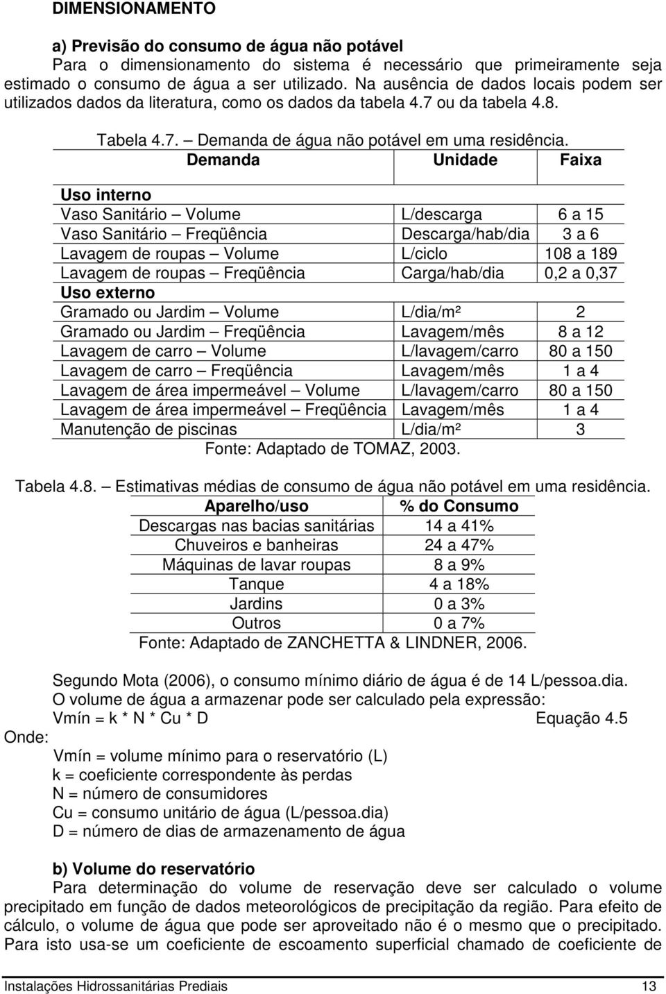 Demanda Unidade Faixa Uso interno Vaso Sanitário Volume L/descarga 6 a 15 Vaso Sanitário Freqüência Descarga/hab/dia 3 a 6 Lavagem de roupas Volume L/ciclo 108 a 189 Lavagem de roupas Freqüência