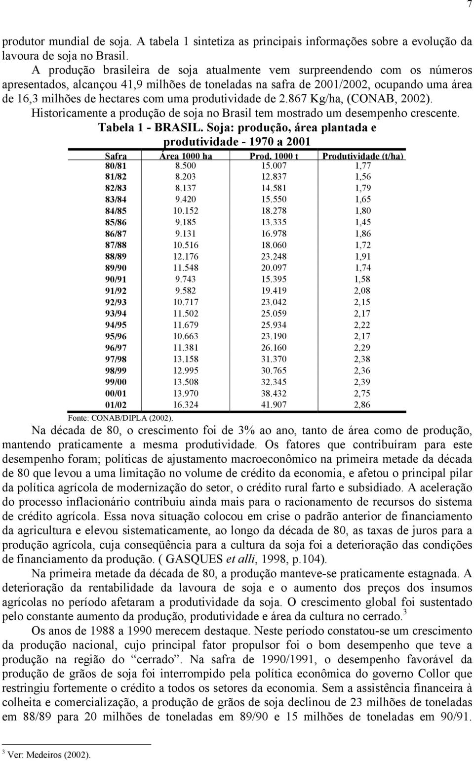 produtividade de 2.867 Kg/ha, (CONAB, 2002). Historicamente a produção de soja no Brasil tem mostrado um desempenho crescente. Tabela 1 - BRASIL.