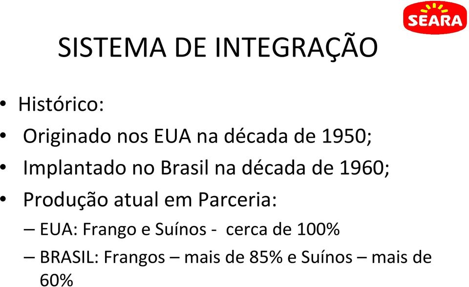 Produção atual em Parceria: EUA: Frango e Suínos -