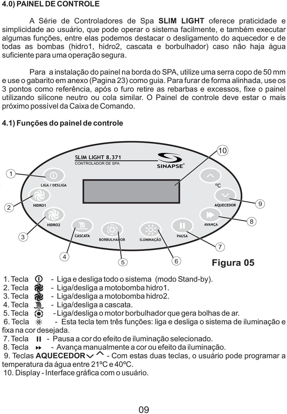 Para a instalação do painel na borda do SPA, utilize uma serra copo de 50 mm e use o gabarito em anexo (Pagina 23) como guia.