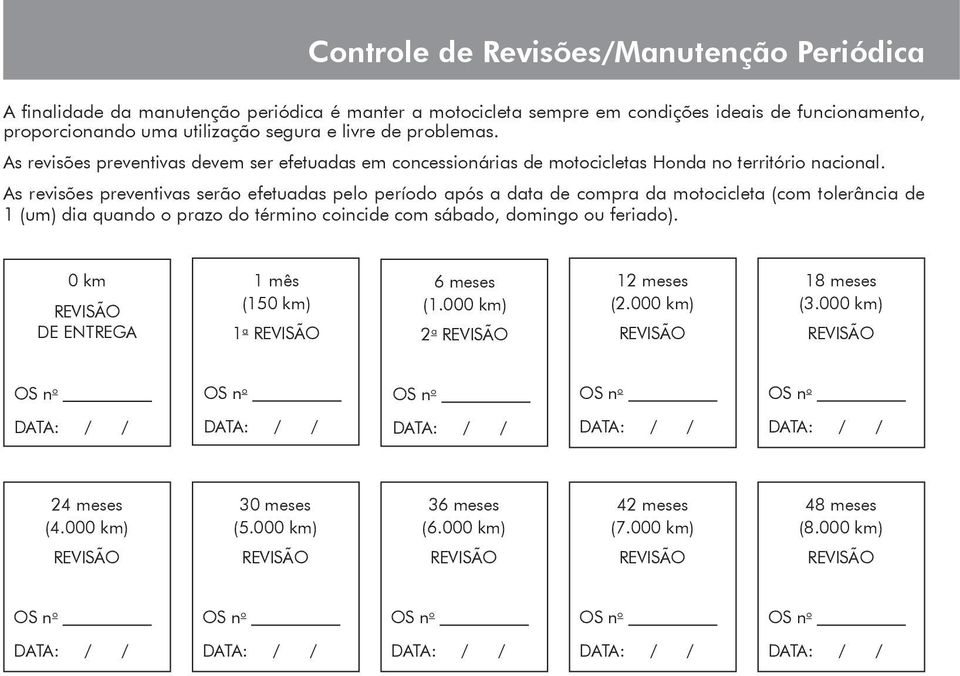 As revisões preventivas serão efetuadas pelo período após a data de compra da motocicleta (com tolerância de 1 (um) dia quando o prazo do término coincide com sábado, domingo ou feriado).