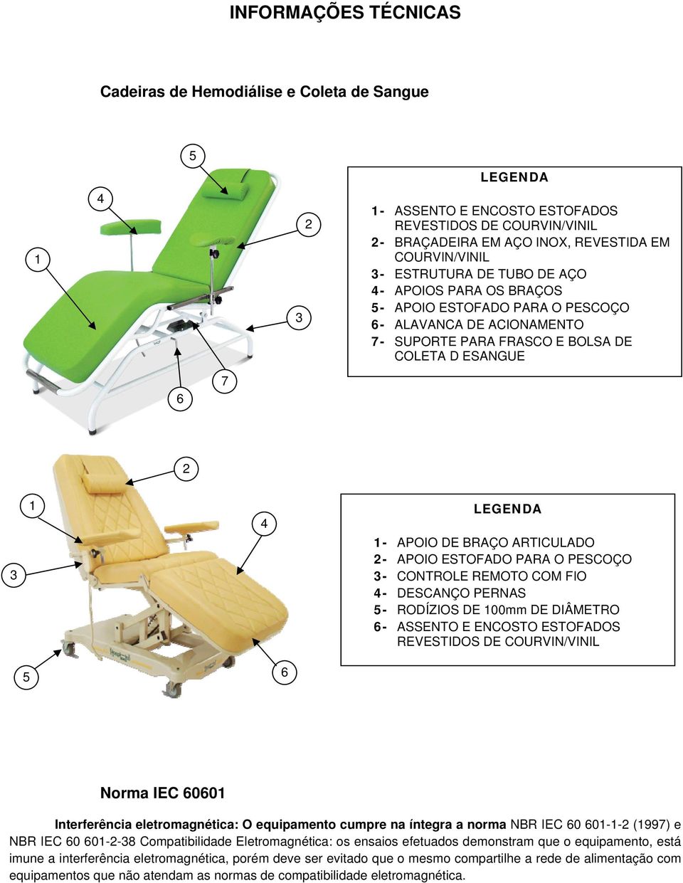 ARTICULADO 2- APOIO ESTOFADO PARA O PESCOÇO 3- CONTROLE REMOTO COM FIO 4- DESCANÇO PERNAS 5- RODÍZIOS DE 100mm DE DIÂMETRO 6- ASSENTO E ENCOSTO ESTOFADOS REVESTIDOS DE COURVIN/VINIL 5 6 Norma IEC