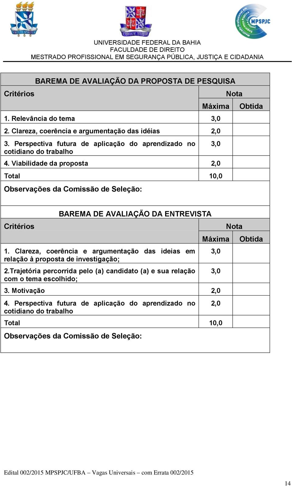 Viabilidade da proposta 2,0 Total 10,0 Observações da Comissão de Seleção: 3,0 Nota Obtida Critérios BAREMA DE AVALIAÇÃO DA ENTREVISTA 1.