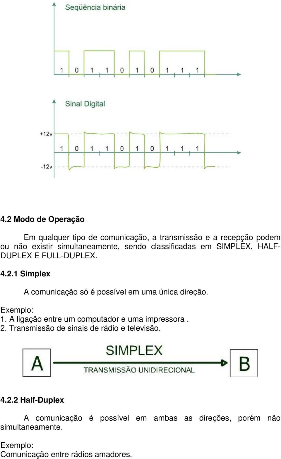 1 Simplex A comunicação só é possível em uma única direção. Exemplo: 1. A ligação entre um computador e uma impressora. 2.
