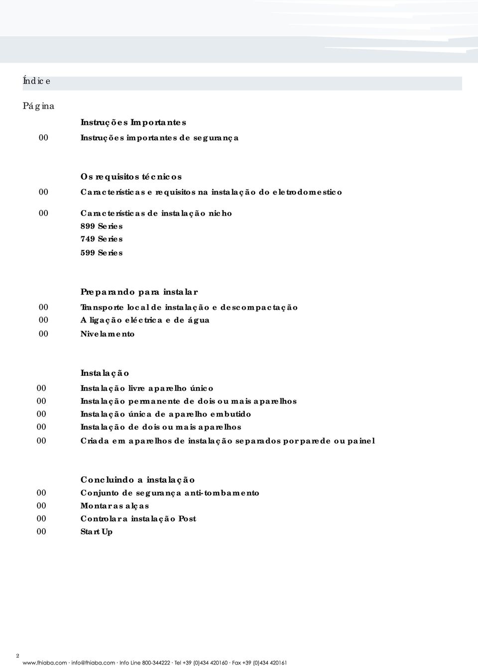 Instalação 00 Instalação livre aparelho único 00 Instalação permanente de dois ou mais aparelhos 00 Instalação única de aparelho embutido 00 Instalação de dois ou mais aparelhos 00